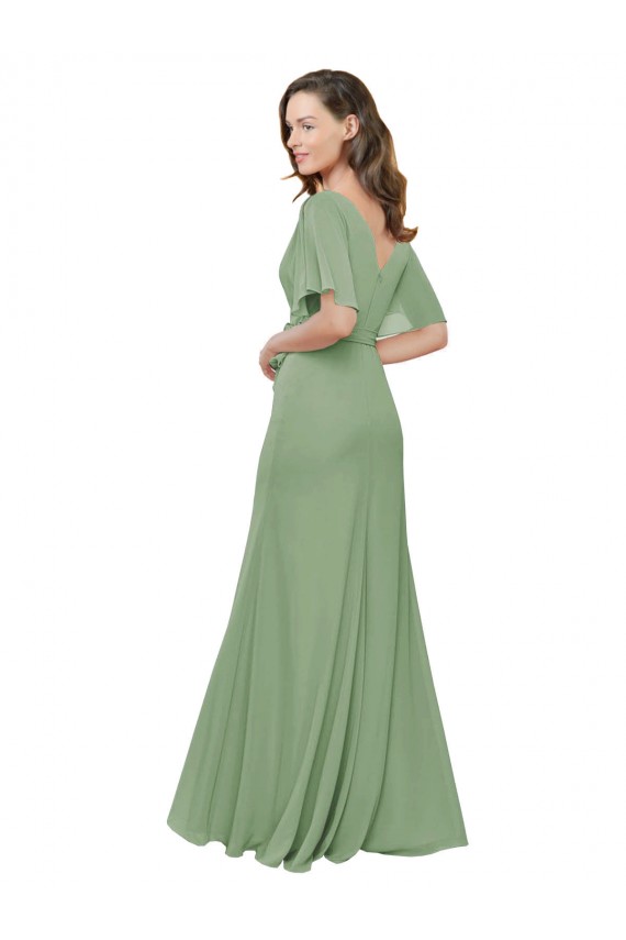 Online Chiffon V-Neckline Wrap Bridesmaids Dress With Double Flutter Sleeve UK