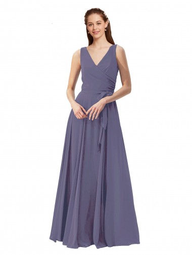 Online V-Neck Long Draped A-Line Chiffon Bridesmaid Dress UK