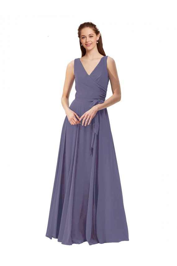 Online V-Neck Long Draped A-Line Chiffon Bridesmaid Dress UK