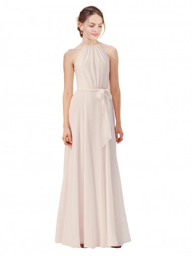 Online Tie Neck Long Chiffon A-Line Bridesmaid Dress with Sheer Back UK