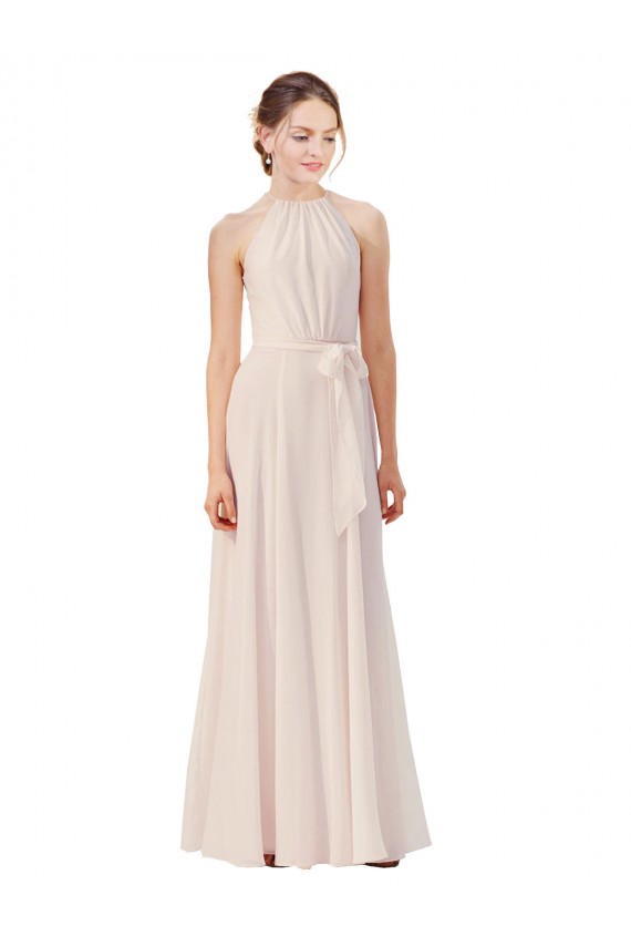 Online Tie Neck Long Chiffon A-Line Bridesmaid Dress with Sheer Back UK