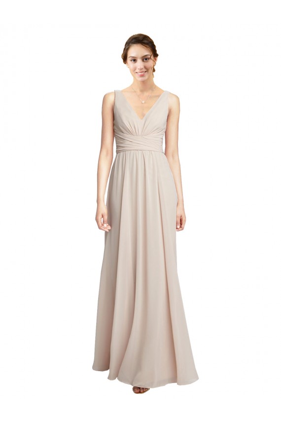 Online Long V-Neck Chiffon Bridesmaids Dress with Double Straps UK