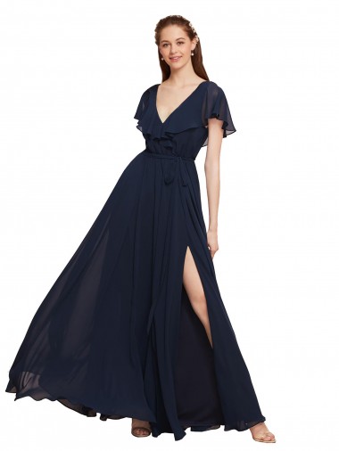 Online Long V-Neck Chiffon Bridesmaid Dress with Slit and V-Back UK