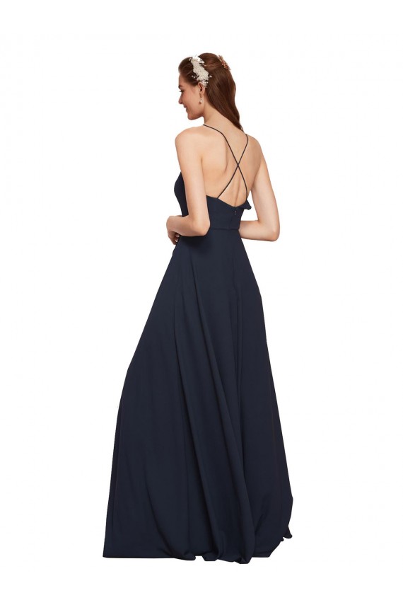 Online Long Chiffon Bridesmaid Dress with Criss Cross Straps and Ruffles UK