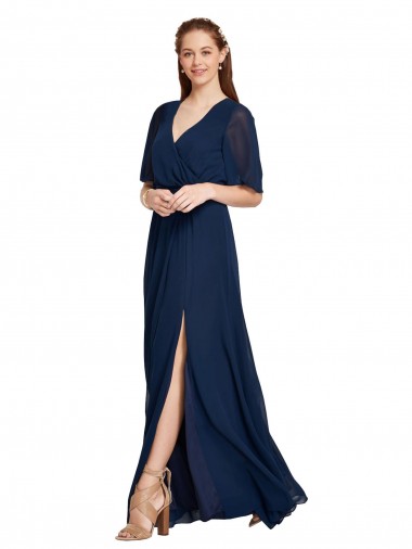 Online V-Neck Plush Chiffon Bridesmaid Dress with Flutter Sleeves UK