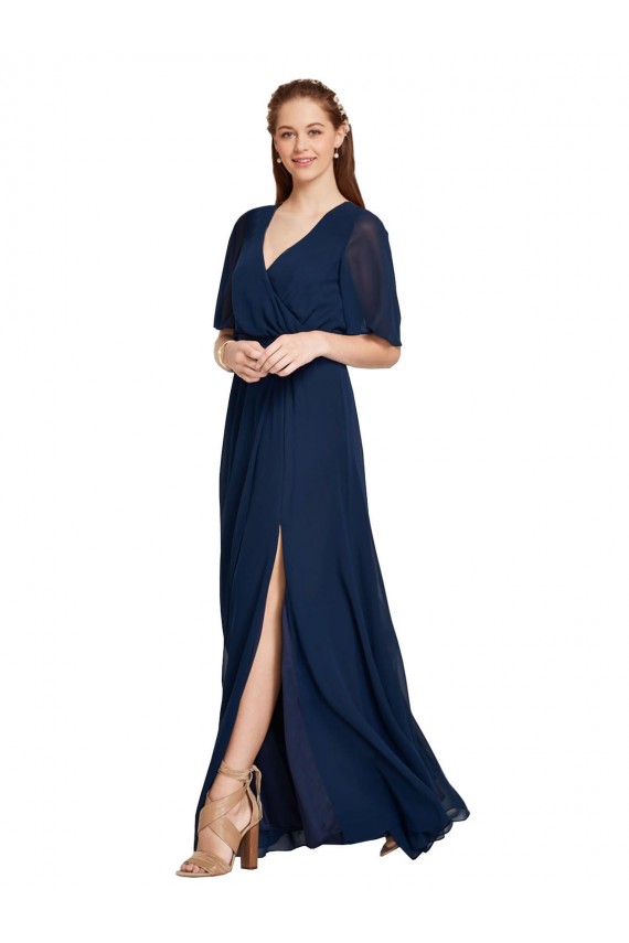 Online V-Neck Plush Chiffon Bridesmaid Dress with Flutter Sleeves UK