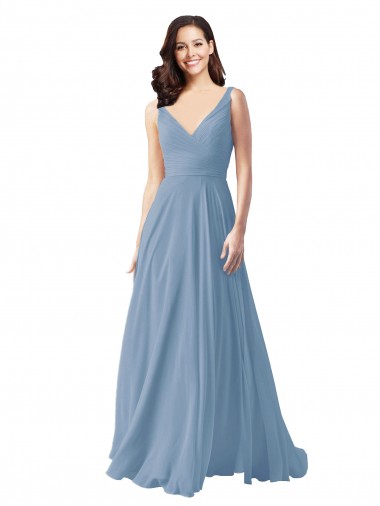 Online Long Chiffon V-Neck and Self Sash Bridesmaid Dress with Shirred Criss Cross Bodice UK