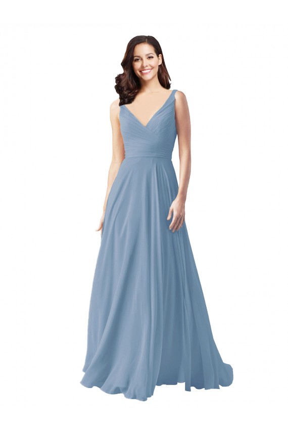 Online Long Chiffon V-Neck and Self Sash Bridesmaid Dress with Shirred Criss Cross Bodice UK