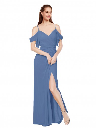 Online Mock-Wrap Off the Shoulder Long Chiffon Bridesmaid Dress with Side Slit UK