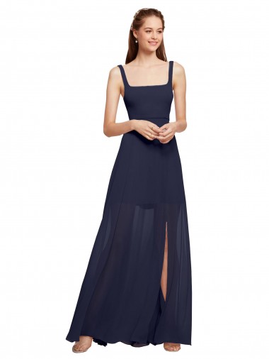 Online Squre Necked Long Chiffon Bridesmaid Dress with Front Slit UK