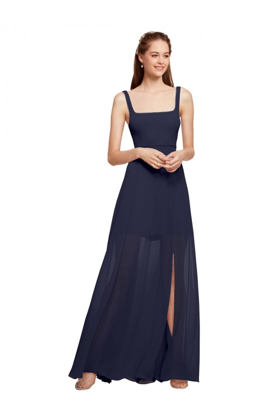 Online Squre Necked Long Chiffon Bridesmaid Dress with Front Slit UK