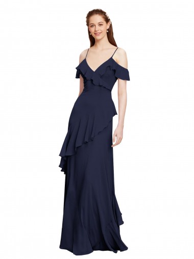 Online Cascading Ruffles Long Chiffon Bridesmaid Dress with Cold Shoulder UK