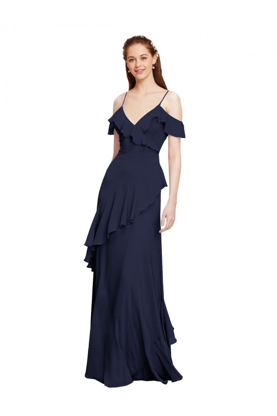 Online Cascading Ruffles Long Chiffon Bridesmaid Dress with Cold Shoulder UK