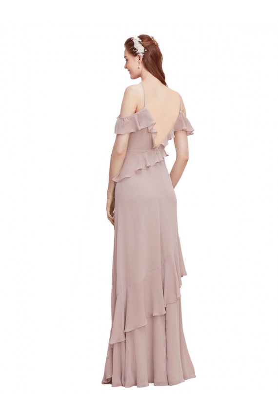 Online Cascading Ruffles Long Chiffon Bridesmaid Dress with Cold Shoulder UK