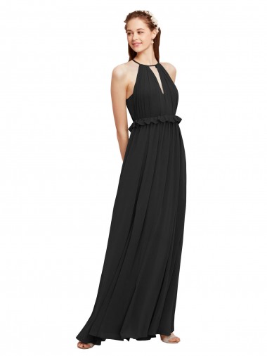 Online Halter Neck Front Keyhole Chiffon Bridesmaid Dress with Shirred Waist UK