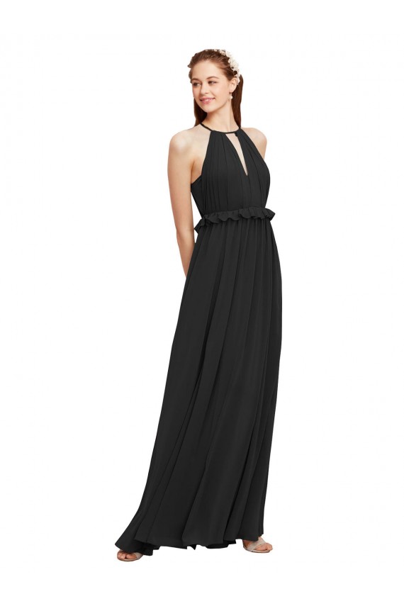 Online Halter Neck Front Keyhole Chiffon Bridesmaid Dress with Shirred Waist UK