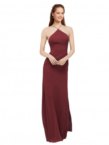 Online High Halter Neck Long Chiffon Bridesmaid Dress with Low Scoop Back UK