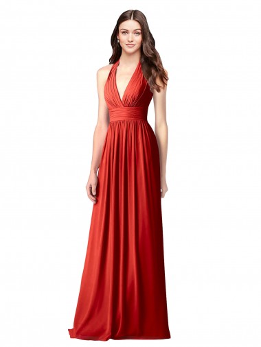 Online Halter V-Neck A-Line Chiffon Bridesmaid Dress with Shirred Skirt UK