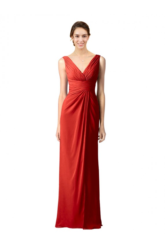 Online Shirred Long Floor Length Chiffon Bridesmaid Dress with V-Back UK