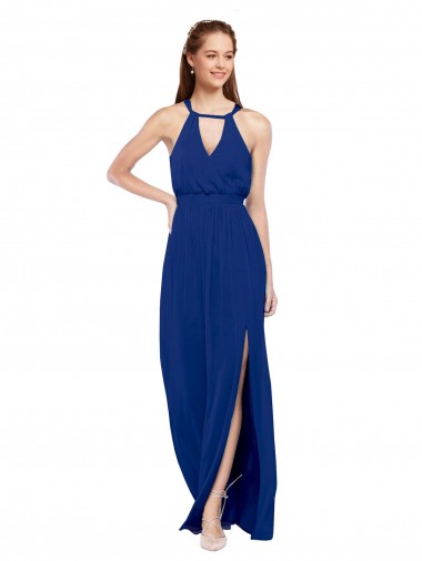 Online High Keyhole Neck Long Chiffon Bridesmaid Dress with Slit UK
