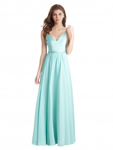 Online Long V-Neck Chiffon Bridesmaid Dress with Satin Bodice UK