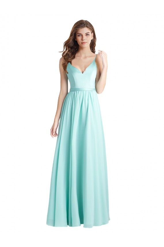 Online Long V-Neck Chiffon Bridesmaid Dress with Satin Bodice UK