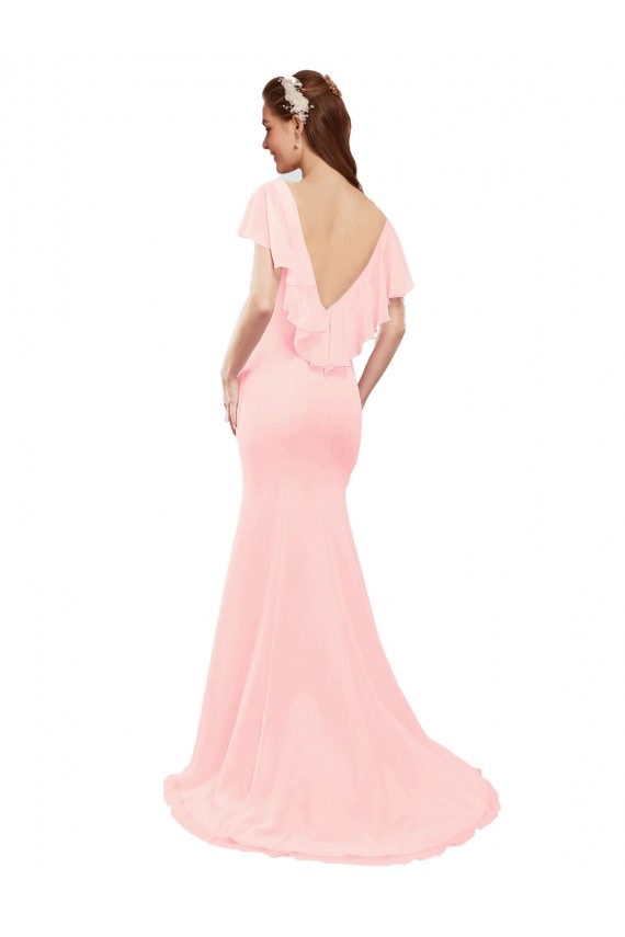 Online Fit and Flare Chiffon Bridesmaid Dress with V-Neck and Flutter Sleeves UK