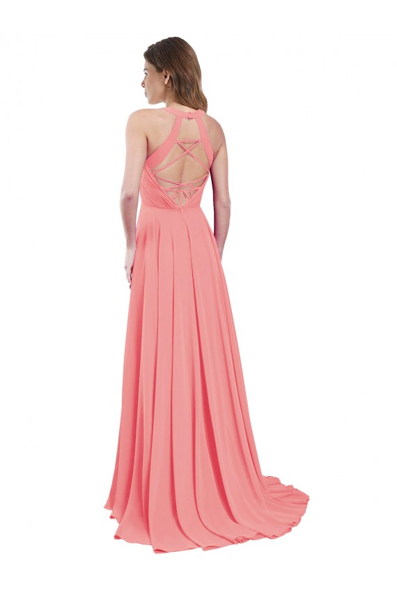 Online Draped A-Line Chiffon Bridesmaid Dress with Halter Keyhole Neckline UK