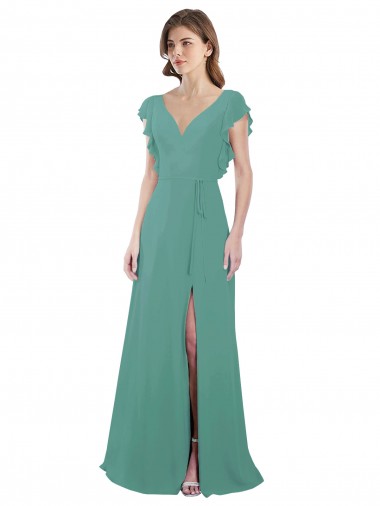 Online Full Length Chiffon Bridesmaid Dress with Ruffled Cap Sleeves and Side Slit UK