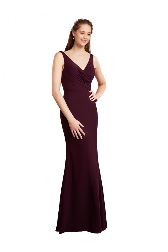 Online Floor Length Fluted Chiffon Dress with Draped Bodice and V-Neckline UK