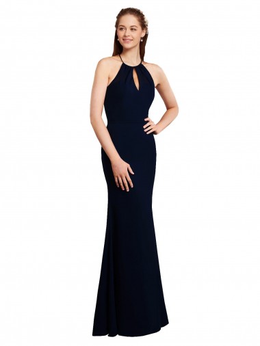 Online Fluted Long Chiffon Bridesmaid Dress with Halter Neckline and Keyhole UK