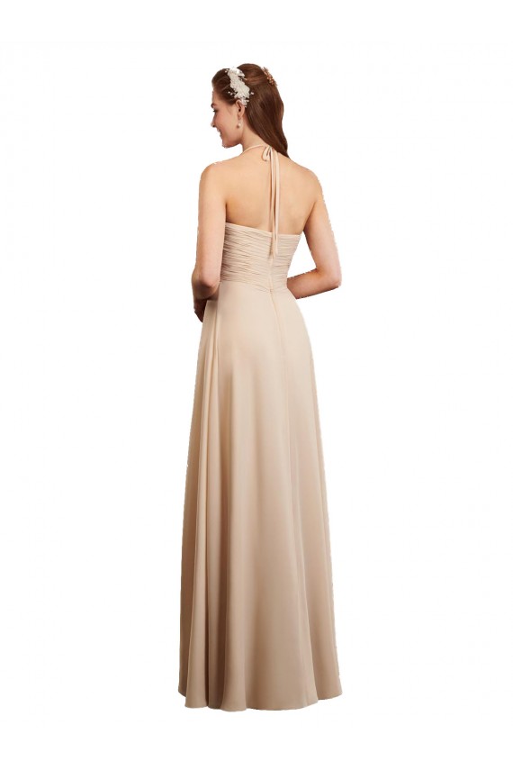 Online Draped Halter Neck Long Chiffon Bridesmaid Dress with Tie Back UK