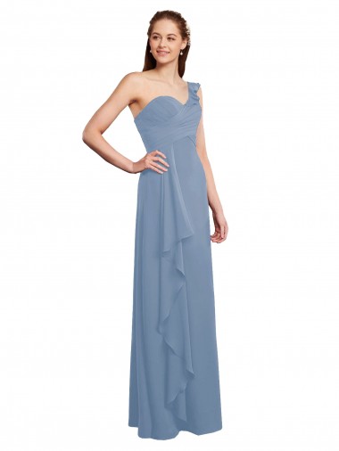 Online Single Shoulder Strap Long Chiffon Bridesmaid Dress with Cascading Ruffles UK