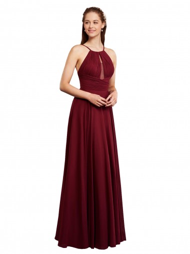 Online Long A-Line Halter Neck Chiffon Bridesmaid Dress with Draped Bodice UK