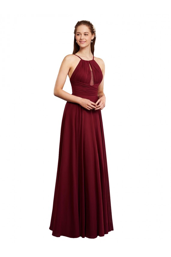 Online Long A-Line Halter Neck Chiffon Bridesmaid Dress with Draped Bodice UK
