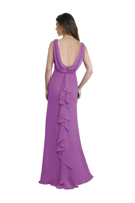 Online V-Shaped Neckline Long Chiffon Bridesmaid Dress with Cascading Ruffles Back UK