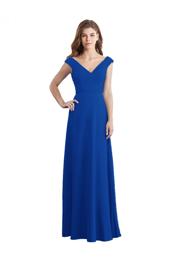 Online Draped Shoulder V-Neck Long Chiffon Bridesmaid Dress UK