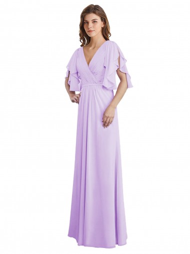 Online A-Line Draped Chiffon Bridesmaid Dress with V-Neck and Split Sleeves UK