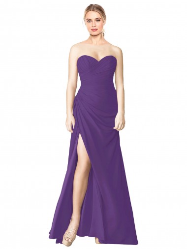 Online Strapless Chiffon Bridesmaid Dress with Pleated Wrap Bodice and Side Slit UK