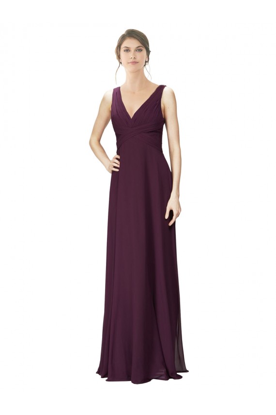 Online Long Chiffon Bridesmaid Dress with Ruched Criss Cross V-Neck Bodice UK