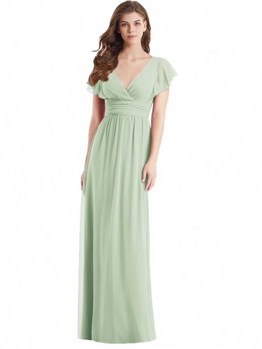 Online Flutter Sleeves Draped Wrap V-Neck Chiffon Bridesmaid Dress UK