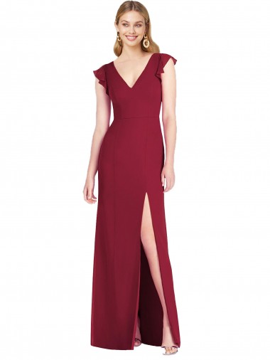 Online Ruffled Sleeves Mermaid Chiffon Bridesmaid Dress with Front Slit UK
