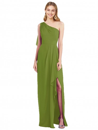Online One Shoulder Chiffon Bridesmaid Dress with Draped Front Slit UK