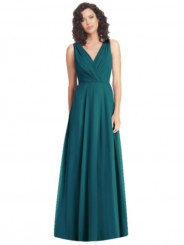 Online Draped V-Neck Long Sleeveless Chiffon Bridesmaid Dress UK