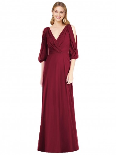 Online Draped V-Neck Bell Sleeves V-Back Chiffon Bridesmaid Dress UK