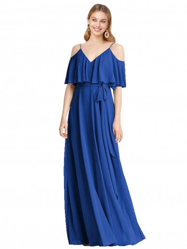 Online Spaghetti Straps V-Neck Chiffon Bridesmaid Dress with Sash Tie UK