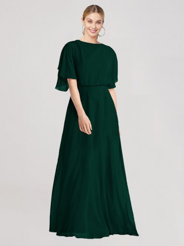 Online Full-Length Flutter Sleeves Plunging V Back Chiffon Bridesmaid Dress UK