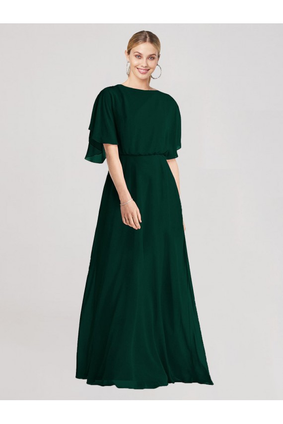 Online Full-Length Flutter Sleeves Plunging V Back Chiffon Bridesmaid Dress UK