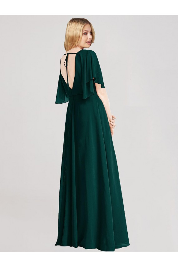 Online Full-Length Flutter Sleeves Plunging V Back Chiffon Bridesmaid Dress UK