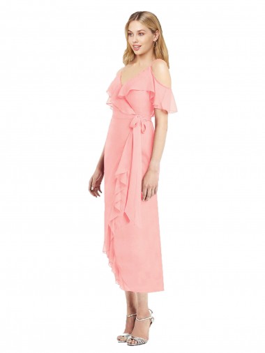 Online Cocktail Wrap Chiffon Bridesmaid Dress with Fluttering Ruffles UK